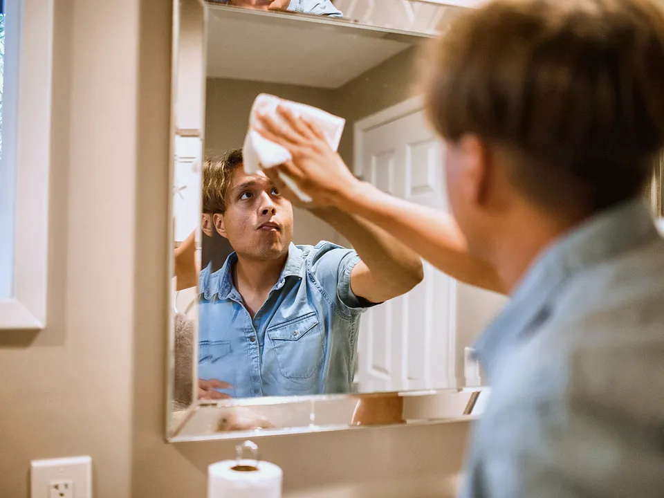 Person wiping a fogged bathroom mirror