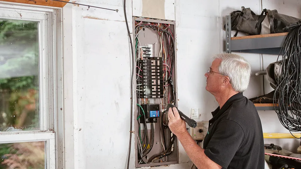 Homeowner checking breakers in an electrical panel