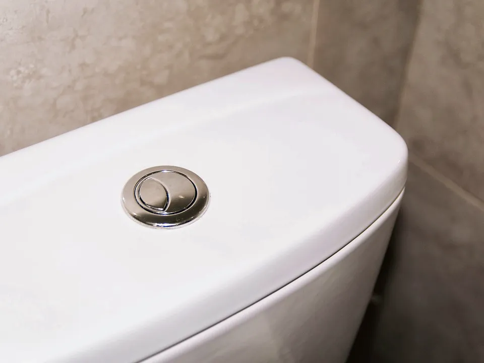 Close-up of a toilet tank lid and flush button