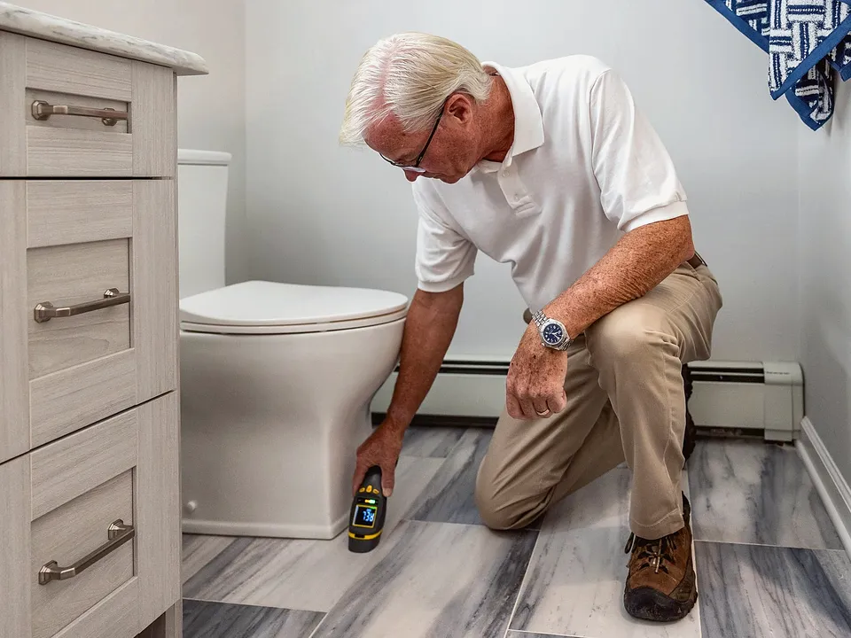 Plumber kneeling beside a toilet to check the connection