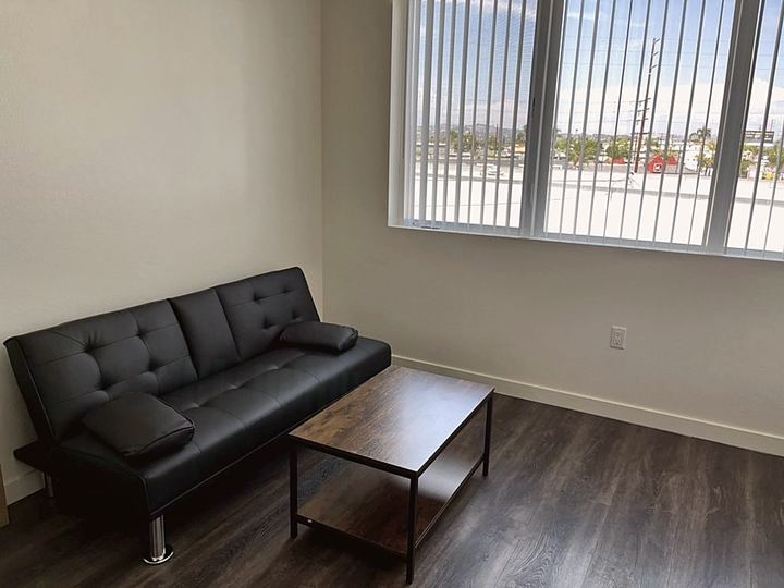 Assembled black futon sofa and coffee table in a bright living room