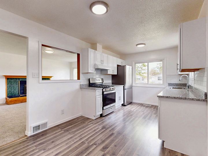 Bright white kitchen with a flush ceiling light and wood-look floor