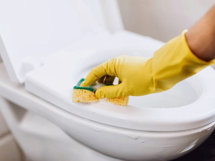 Gloved hand working on a white toilet bowl