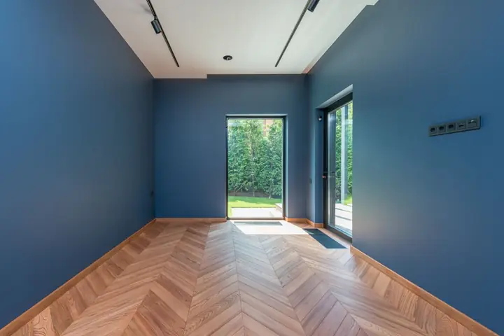 Blue room with a herringbone wood floor and glass doors to a yard