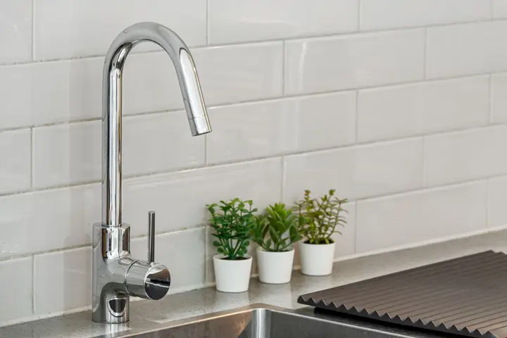 A kitchen sink with chrome faucet and potted plants on a tiled backsplash