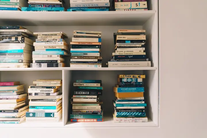 A neatly organized bookshelf filled with a rich, eclectic collection of books