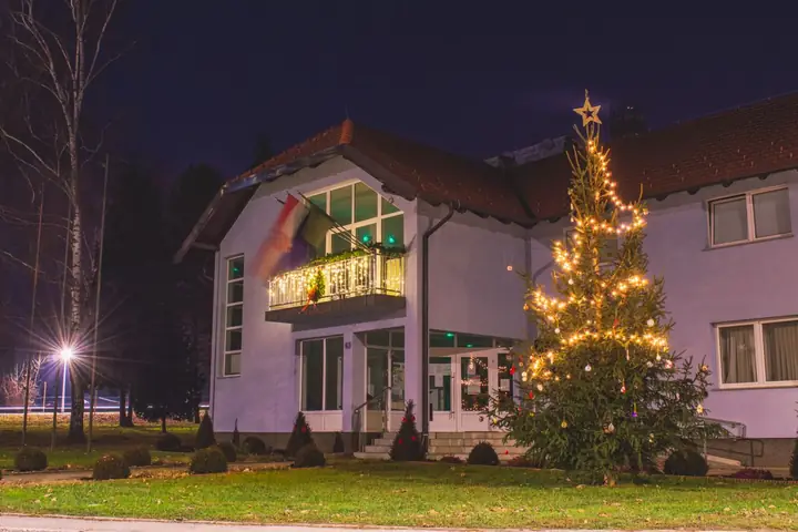 A house decorated with Christmas lights and a lit tree during the night