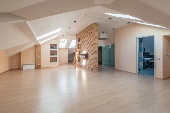Empty attic room with skylights and light wood floors