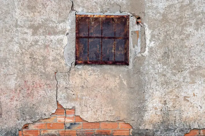 Cracked stucco wall with a rusty barred window
