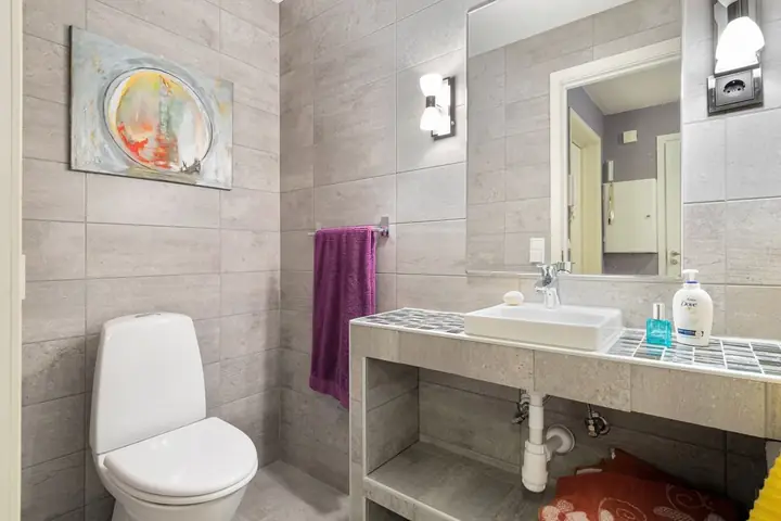 Toilet beside a tiled vanity with a vessel sink