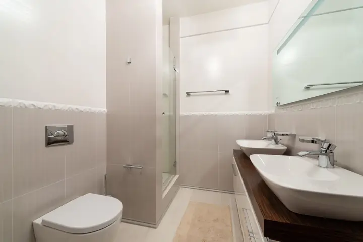 Wall toilet next to a wood counter with a white vessel sink