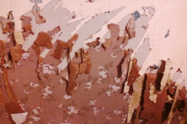 Old pink wallpaper peeling away in layers from a plaster wall